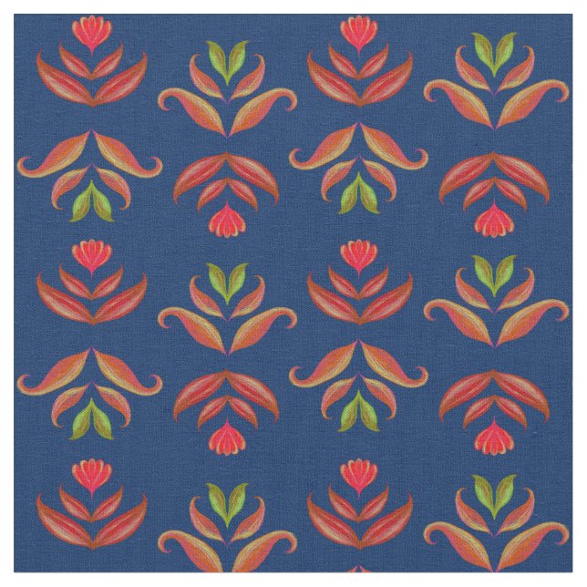 Elegant Navy Blue Folk Art Floral Rustic Cosy Fall Fabric (Close Up)