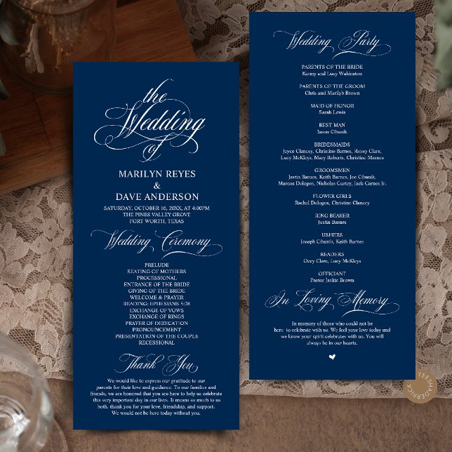 Elegant Navy Blue Formal Wedding Ceremony Programme (Elegant  Navy BlueFormal Wedding Ceremony Classic Program Card)