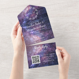 Elegant Navy Blue Galaxy Modern RSVP QR Code All I All In One Invitation
