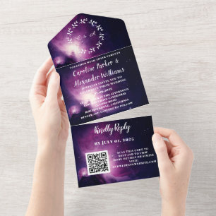 Elegant Navy Blue Galaxy Modern RSVP QR Code All In One Invitation