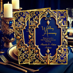 Elegant Navy Blue Gem Gold 50th Anniversary Invitation