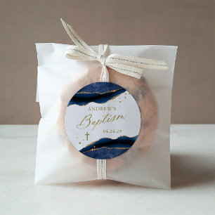 Elegant Navy Blue Geode with Gold Cross Baptism Classic Round Sticker