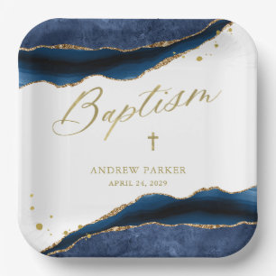 Elegant Navy Blue Geode with Gold Cross Baptism Paper Plate
