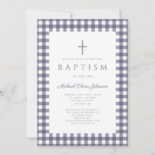 Elegant Navy Blue Gingham Boy Baptism Invitation