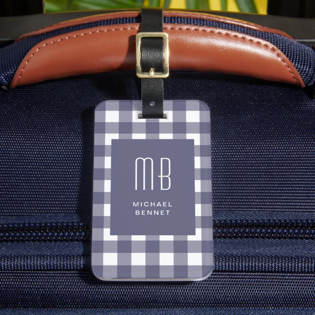 Elegant Navy Blue Gingham Monogram Luggage Tag (Front Insitu 2)
