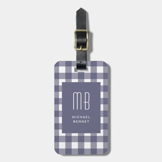 Elegant Navy Blue Gingham Monogram Luggage Tag (Front Vertical)