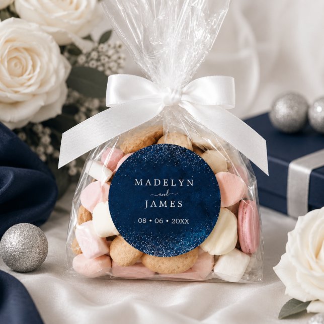 Elegant Navy Blue Glitter Wedding Classic Round Sticker (Creator Uploaded)