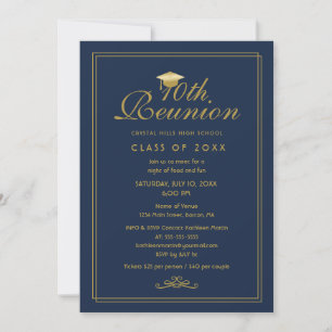 Elegant Navy Blue Gold 10th Class Reunion Invitation
