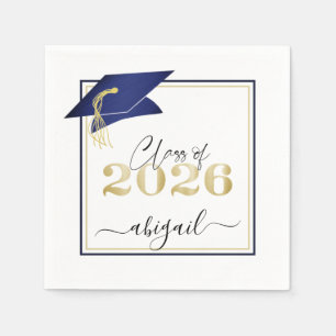 Elegant Navy Blue Gold 2022 Graduation Cap Script Napkin