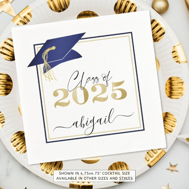 Elegant Navy Blue Gold 2025 Graduation Cap Script Napkin (Creator Uploaded)