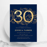 Elegant Navy Blue Gold 30th Birthday Invitation<br><div class="desc">Elegant navy blue gold 30th birthday party invitation. Customisable modern feminine design featuring roses botanical accents and faux glitter gold. Simple floral invite card perfect for a stylish female bday celebration. Personalise with your own details. Printed Zazzle invitations or instant download digital printable template.</div>