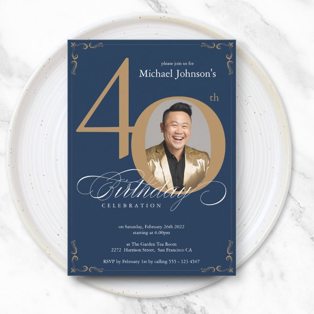 Elegant Navy Blue Gold 40th Birthday Invitation (Elegant Navy Blue Gold 40th Birthday Invitation)
