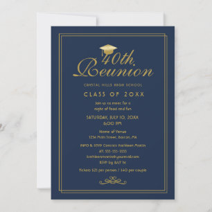 Elegant Navy Blue Gold 40th Class Reunion Invitation
