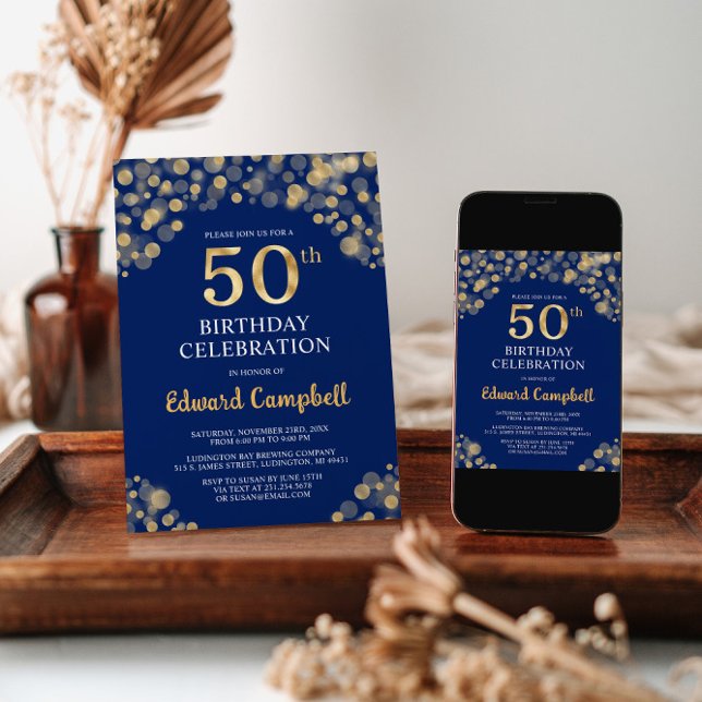 Elegant Navy Blue & Gold 50th Birthday Invitation (Creator Uploaded)