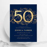Elegant Navy Blue Gold 50th Birthday Invitation<br><div class="desc">Elegant navy blue gold 50th birthday party invitation. Customisable modern feminine design featuring roses botanical accents and faux glitter gold. Simple floral invite card perfect for a stylish female bday celebration. Personalise with your own details. Printed Zazzle invitations or instant download digital printable template.</div>