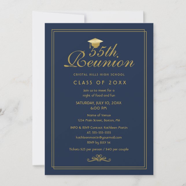 Elegant Navy Blue Gold 55th Class Reunion Invitation (Front)