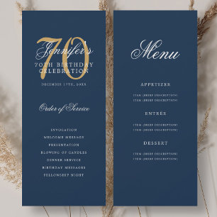 Elegant Navy Blue Gold 70th Birthday Program Menu Invitation