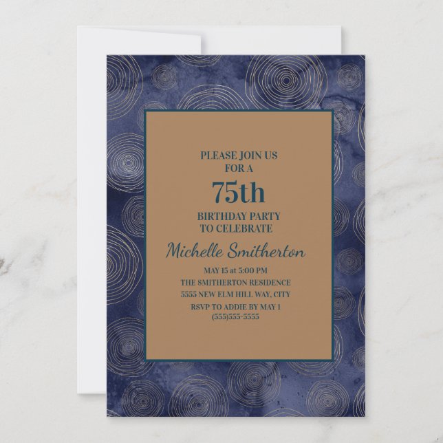 Elegant Navy Blue Gold 75th Birthday Invitation (Front)