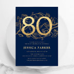 Elegant Navy Blue Gold 80th Birthday Invitation<br><div class="desc">Elegant navy blue gold 80th birthday party invitation. Customisable modern feminine design featuring roses botanical accents and faux glitter gold. Simple floral invite card perfect for a stylish female bday celebration. Personalise with your own details. Printed Zazzle invitations or instant download digital printable template.</div>