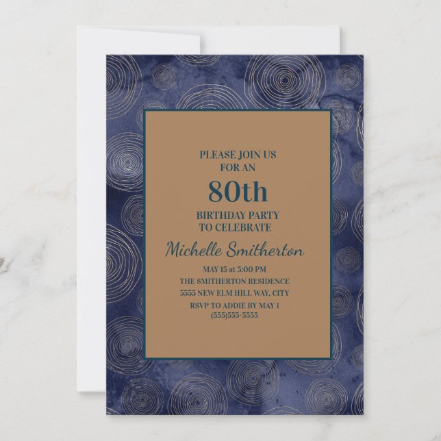 Elegant Navy Blue Gold 80th Birthday Invitation (Front)