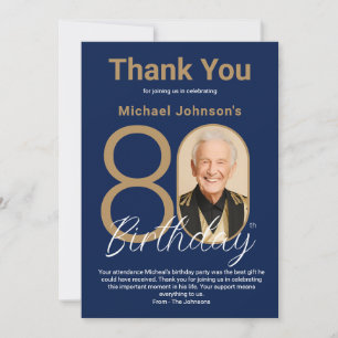 Elegant Navy Blue Gold 80th Birthday Thank You Card