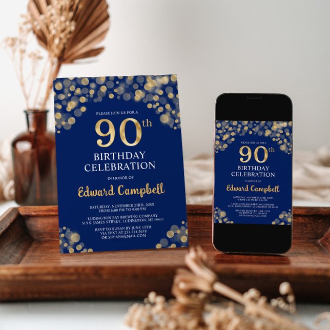 Elegant Navy Blue & Gold 90th Birthday Invitation (Creator Uploaded)