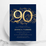 Elegant Navy Blue Gold 90th Birthday Invitation<br><div class="desc">Elegant navy blue gold  90th birthday party invitation. Customisable modern feminine design featuring roses botanical accents and faux glitter gold. Simple floral invite card perfect for a stylish female bday celebration. Personalise with your own details. Printed Zazzle invitations or instant download digital printable template.</div>