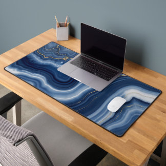 Elegant Navy Blue Gold Abstract Liquid Marble Desk Mat