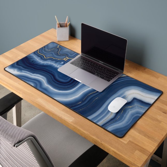 Elegant Navy Blue Gold Abstract Liquid Marble  Desk Mat (Office 2)