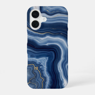 Elegant Navy Blue Gold Abstract Liquid Marble iPhone 16 Case