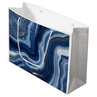 Elegant Navy Blue Gold Abstract Liquid Marble Large Gift Bag