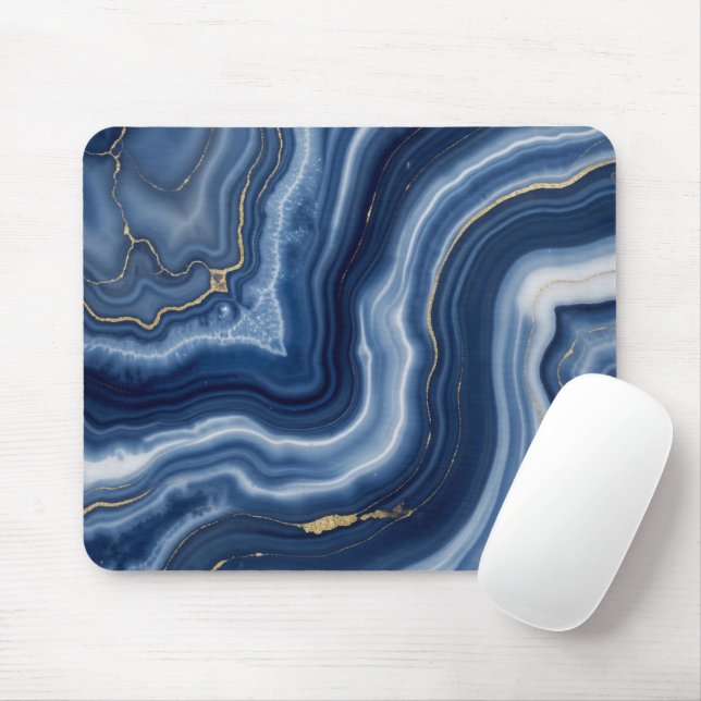 Elegant Navy Blue Gold Abstract Liquid Marble  Mouse Pad (With Mouse)