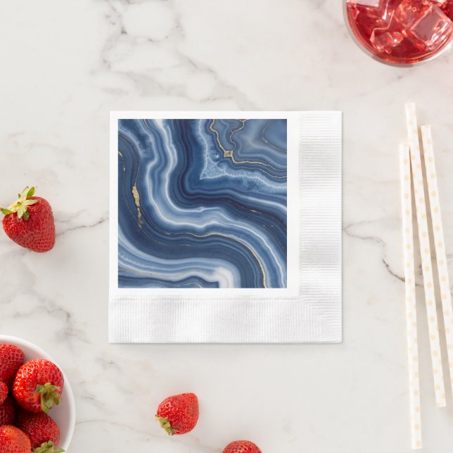 Elegant Navy Blue Gold Abstract Liquid Marble  Napkin (Insitu)