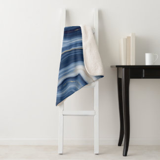 Elegant Navy Blue Gold Abstract Liquid Marble Sherpa Blanket
