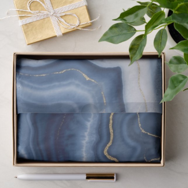 Elegant Navy Blue Gold Abstract Liquid Marble  Tissue Paper (Gift)