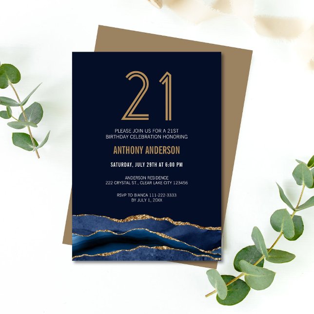 Elegant Navy Blue Gold Agate 21st Birthday Party  Invitation (Creator Uploaded)