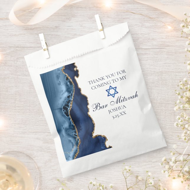 Elegant Navy Blue Gold Agate Bar Mitzvah Party Favour Bags (Clipped)