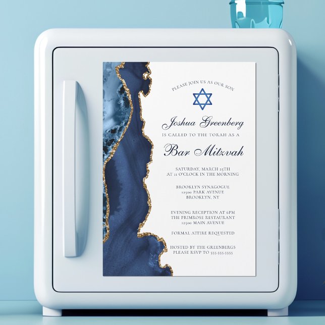 Elegant Navy Blue Gold Agate Bar Mitzvah Party Magnetic Invitation (Creator Uploaded)