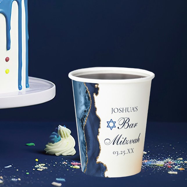 Elegant Navy Blue Gold Agate Bar Mitzvah Party Paper Cups (Creator Uploaded)