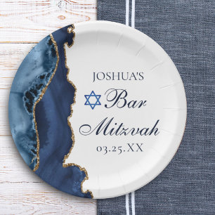 Elegant Navy Blue Gold Agate Bar Mitzvah Party Paper Plate