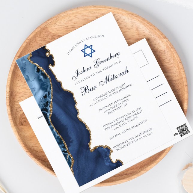 Elegant Navy Blue Gold Agate Bar Mitzvah Party Postcard (Creator Uploaded)
