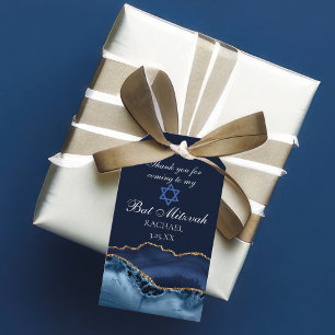 Elegant Navy Blue Gold Agate Bat Mitzvah Party Gift Tags
