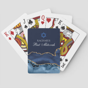 Elegant Navy Blue Gold Agate Bat Mitzvah Party Playing Cards