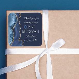Elegant Navy Blue Gold Agate Bat Mitzvah Party Square Sticker