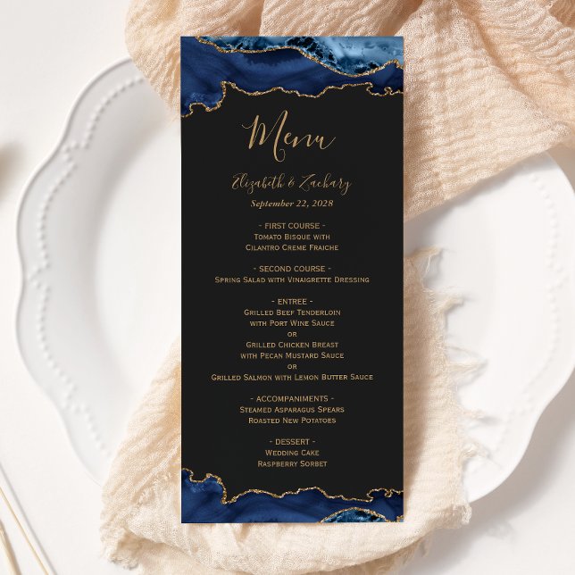 Elegant Navy Blue Gold Agate Dark Wedding Menu (Creator Uploaded)