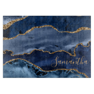 Elegant Navy Blue & Gold Agate Geode Cutting Board
