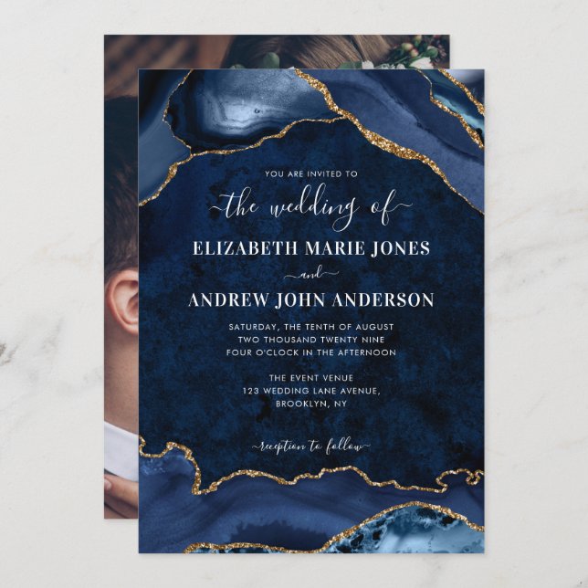 Elegant Navy Blue Gold Agate Geode Photo Wedding Invitation (Front/Back)