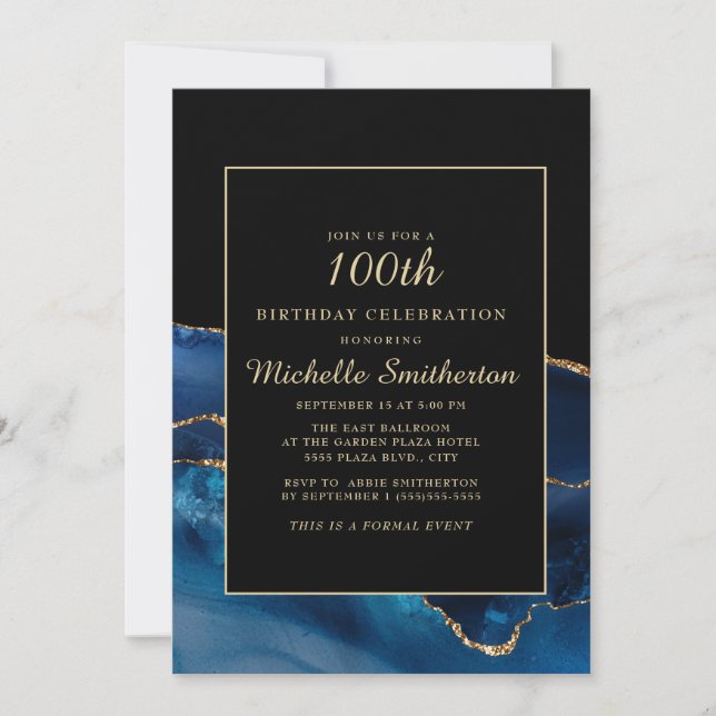 Elegant Navy Blue Gold Agate Marble 100th Birthday Invitation (Front)
