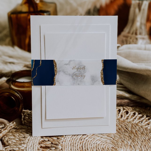 Elegant Navy Blue Gold Agate Marble Wedding Invitation Belly Band (Creator Uploaded)