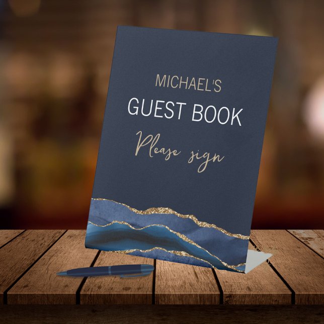 Elegant Navy Blue Gold Agate Men's Guestbook Pedes Pedestal Sign (Creator Uploaded)